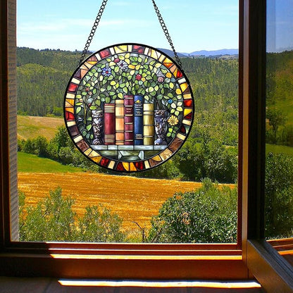 Stained Glass Window Hanging Green Plants Flowers Books 9.8" - Suncatcher Door Garden Sunroom Sun Catcher Decor Birthday Christmas for Mom Men Woman Nana