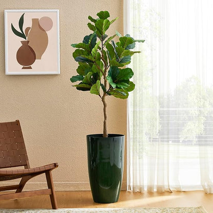 Glitzhome 23.5" H Large Tall Planter for Outdoor Plants,Set of 2 Plastic Tall Planters with Drainage Holes,Round Tapered Faux Ceramic Gradient Green Flower Tree Pots for Porch Patio Indoor Outdoor