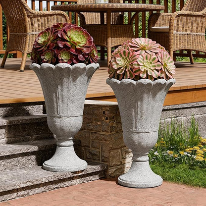 23.6" Tall Plastic Urn Planters for Outdoor Plants with Drainage Holes & Petal Design, Set of 2 Heavy-Duty Classic Indoor Large Flower Pots, Outdoor Planters for Porch/Home/Garden, Gray