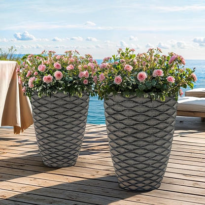 20" Tall Planters Set of 2, High-Density Resin Wavy Outdoor Pots for Plants, Versatile Indoor/Outdoor Flower Pots w/Drainage Holes for Patio, Garden, Porch & Living Room Decor, Ideal Gift