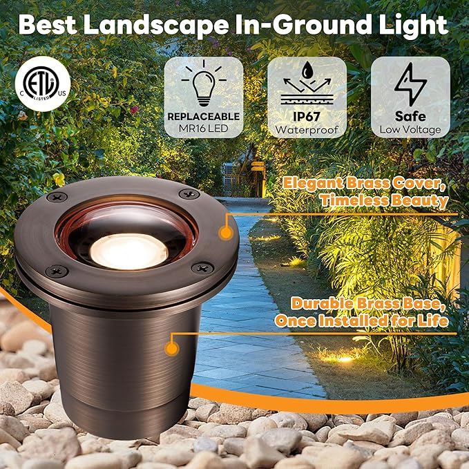 Gardenreet Low Voltage Well Lights for Landscaping - Brass IP67 Outdoor In-Ground Light, 12V LED Hardwired Landscape Lighting, Antique Bronze for Pathway Tree Lawn Without MR16 Bulb (8 Pack)