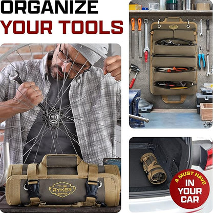 The Ryker Roll Up Tool Bag Organizer Gifts for Dad. Heavy Duty Motorcycle Tool Roll Bag Organizer. Portable Rollup Toolbag w/Detachable Pouches - Tools Bags Mens gifts for him - Mechanic & Electrician