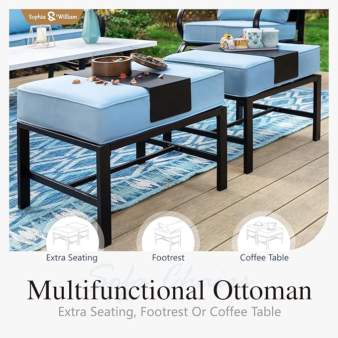 Sophia & William Patio Furniture Sets for 5 Outdoor Metal Conversation Sets 5 Pcs with 2 x Cushioned Swivel Sofa Chairs, 2 x Ottomans as Coffee Table, 1 x 3-Seat Sofa, Lawn Backyard Poolside Blue