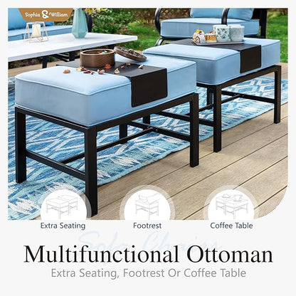 Sophia & William Patio Furniture Sets for 5 Outdoor Metal Conversation Sets 5 Pcs with 2 x Cushioned Swivel Sofa Chairs, 2 x Ottomans as Coffee Table, 1 x 3-Seat Sofa, Lawn Backyard Poolside Blue
