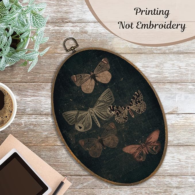 LKETW Vintage Moody Butterfly Oval Wall Art Decor, Gothic Dark Academia Butterfly Oval Canvas Hanging Decor, Dark Cottagecore Moth Wall Decorations for Home Bedroom Living Room, 8.6x11.4 Inch