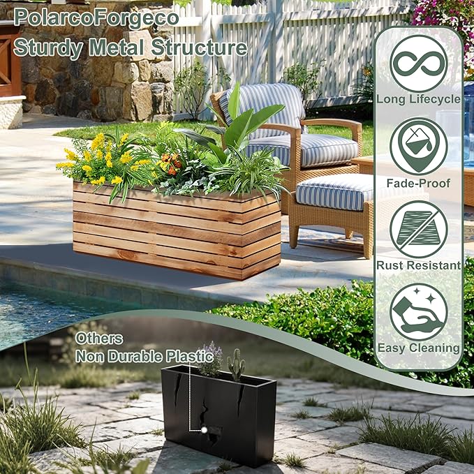 Rectangular Planters for Outdoor Plants, Large Planter Box with Drainage Holes, Metal Balck Palnters for Patio, Garden (38" L x 15" W x 16" H, Walnut Wood Grain)