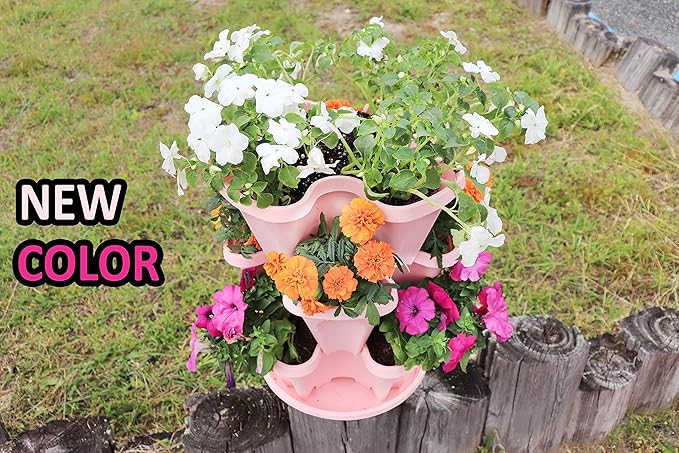 Mr. Stacky 5-Tier Pink Strawberry and Herb Garden Planter - Stackable Gardening Pots with 10 Inch Saucer