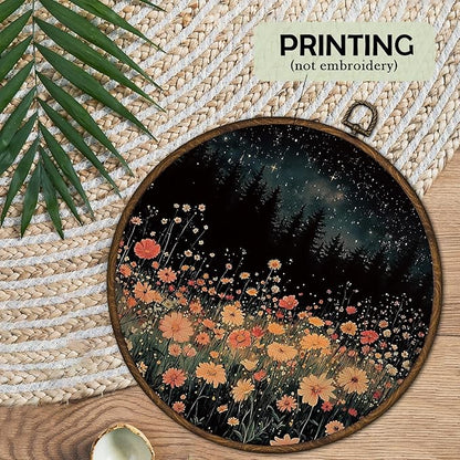 cvjutf Moody Vintage Wildflower Wall Art Decor Framed, Dark Academia Black Forest Floral Round Wall Decor, Retro Cottagecore Country Landscape Canvas Prints Art for Home Bedroom Living Room, 10x10 In