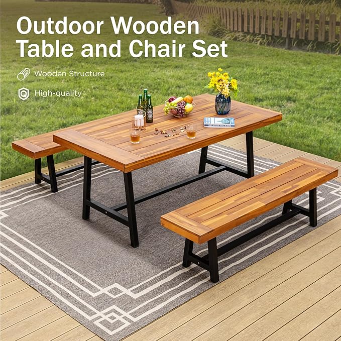PHI VILLA Outdoor Acacia Wood Bench, 2 Pieces 63" Patio Picnic Bench, Supports 550lbs, Classic Brown and Black