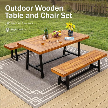 PHI VILLA Outdoor Acacia Wood Bench, 2 Pieces 63" Patio Picnic Bench, Supports 550lbs, Classic Brown and Black