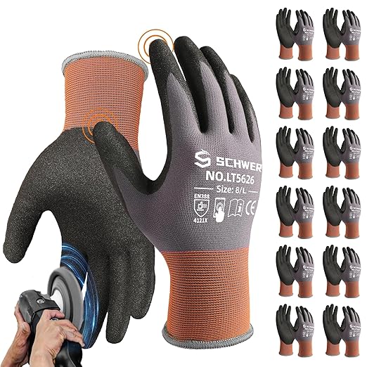 Schwer 12 Pairs Safety Work Gloves Sandy Nitrile Coated LT5626, Max Abrasion Resistant Heavy Duty Working Gloves with Grip for Men Women, Touch-Screen, for General Use, Mechanic, Construction, L