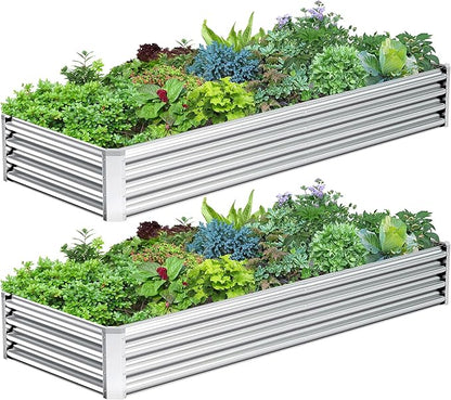 2PCS 8x2x1FT Galvanized Raised Garden Bed Kit,Vegetable Boxes-Rectangle Metal Flower Box,Large Planter Raised Beds Outdoor Garden for Planting,Fruit,Herb-Silver