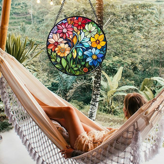 Stained Glass Window Hanging Colorful Flowers and Green Plants Large 15" - Suncatcher Door Garden Sun Catcher Home Decor Birthday Christmas for Mom Men Woman Nana Friend