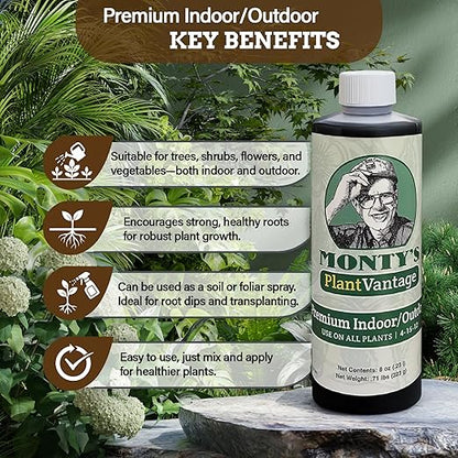 PlantVantage Premium Indoor/Outdoor Plant Food - NPK Fertilizer (4-15-12) with Zinc and Iron for House Plant, Trees and Vegetables - Indoor and Outdoor Plant Liquid Fertilizer - Easy Root Feed - 8 oz