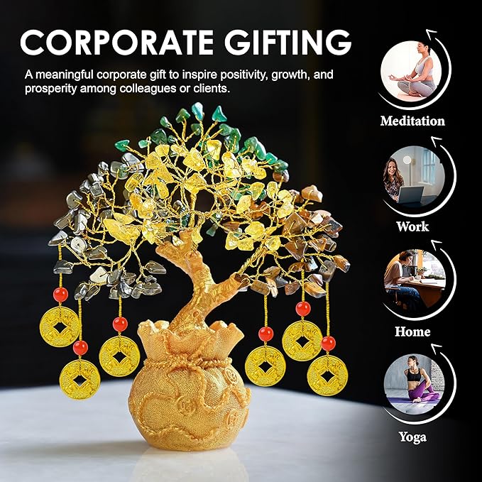 Crocon Money Wealth Crystal Tree with Artificial Coin Pot Base Bonsai for Home & Office Decor Good Luck 6 Feng Shui Coins Money Tree Crystal Spiritual Gifts for Women Mom Sister Desk Bookshelf Decor
