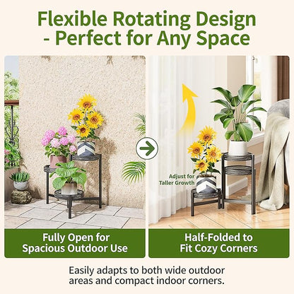 Metal Plant Stand Indoor Outdoor, 3 Tier Corner Tall Plant Shelf for Multiple Plants, Tiered Plant Stand, Heavy Duty Flower Plant Holder, Folding Tall Rack for Garden Patio Lawn Balcony - BlackWave