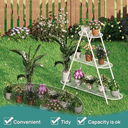 3-Tier Plant Stand, Heavy Duty Metal Planter Rack - White Indoor/Outdoor Shelves with Large Tier’s Shelf - Display Multiple Flower Pots, Iron Plant Organizer for Living Room, Patio & Garden