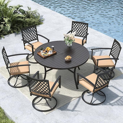 MFSTUDIO Round Patio Dining Set for 6, All Weather Resistant Outdoor Round Table and Chairs Set for Deck, Backyard, Lawn, Garden