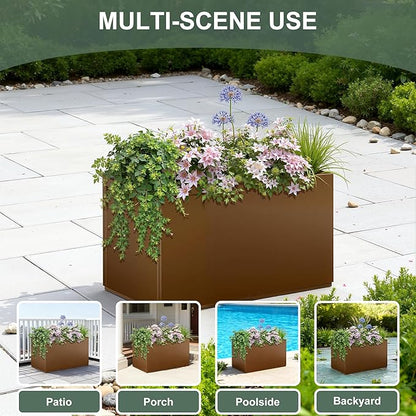 Large Metal Planter Box for Indoor & Outdoor Plants, Flowers, Rectangular Planters with Drainage Holes for Patio, Front Porch, All-Weather Use (32" L x 10" W x 16" H, Brown)