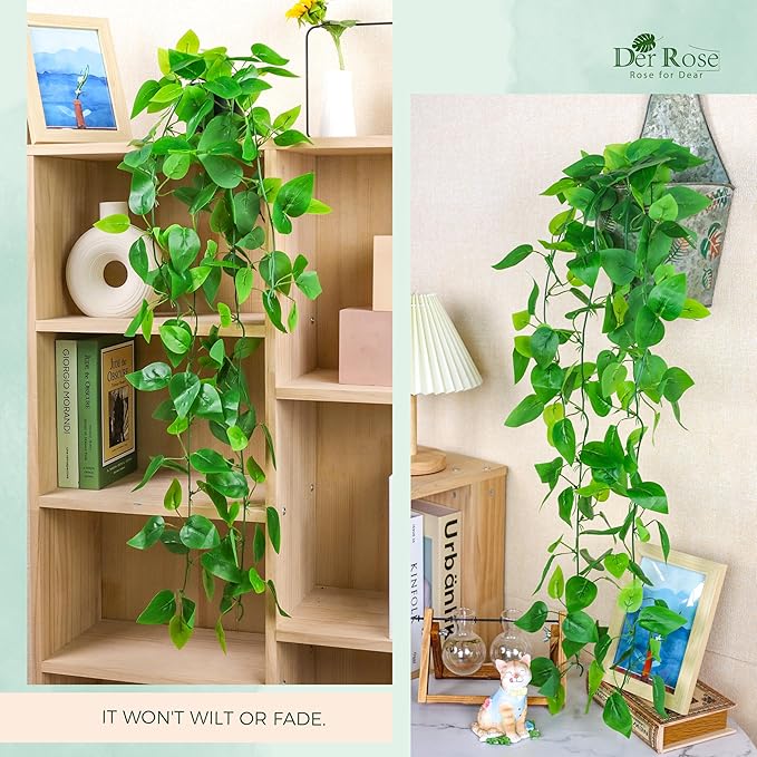 Der Rose 1Pcs 34'' Fake Hanging Plants Artificial Potted Pothos Hanging Vines Plants Indoor for Home Bathroom Bedroom Wall Shelf Decor