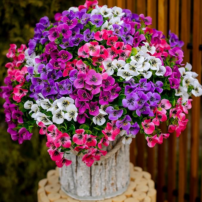 Artificial Pansies Flowers Outdoor Fake Plants - 16 Bundles UV Resistant No Fade Faux Shrubs Plastic Greenery Home Garden Porch Patio Decoration (16, Mixed01)