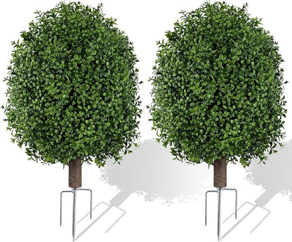 INSPRING 27'' Artificial Boxwood Topiary Trees Outdoor Fake Bushes Plants UV Resistant Evergreen Shrubs with Metal Ground Spike for Porch Patio Garden, 2 Pack