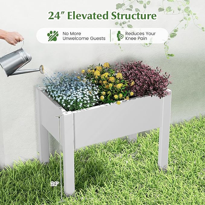 Giantex Raised Garden Bed with Legs, Self-Watering Planter Box with Water Level Indicator, Drainage Hole & Detachable Space Dividers, Outdoor Plant Container for Flower, Vegetable, Fruit, Herb (White)