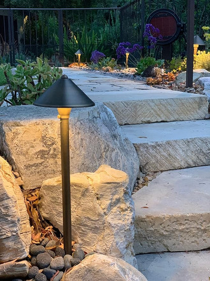 VOLT Conehead 12V Brass Path Light (7" Shade, 25" Tall) for Low Voltage Landscape Lighting on Outdoor Pathway, Walkway, Garden, Driveway or Patio