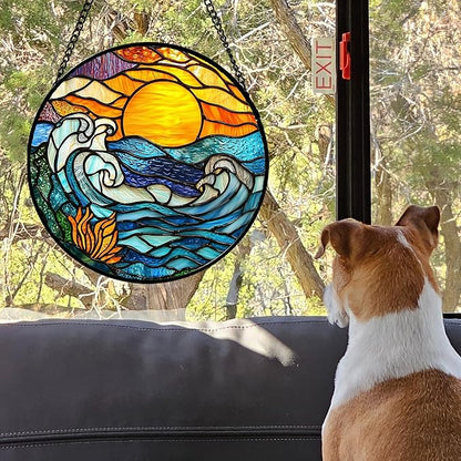 Stained Glass Window Hanging, Orange Sun Blue Sea Waves Landscape Suncatcher for Doors Window Home Sun Catchers Decor Mother's Day Birthday Gifts for Women, Men Mom 7.8 in