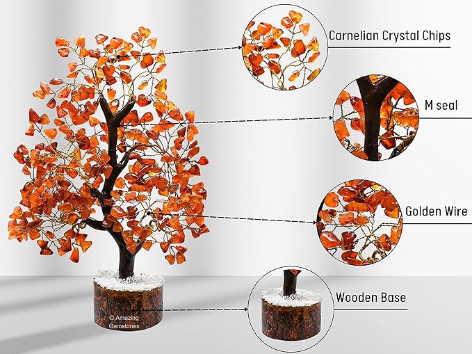 Amazing Gemstone Carnelian Natural Healing Crystal Bonsai Feng Shui Fortune Money Tree of Life for Home Office Decor, 10-12 Inch