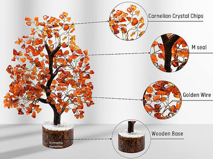 Amazing Gemstone Carnelian Natural Healing Crystal Bonsai Feng Shui Fortune Money Tree of Life for Home Office Decor, 10-12 Inch