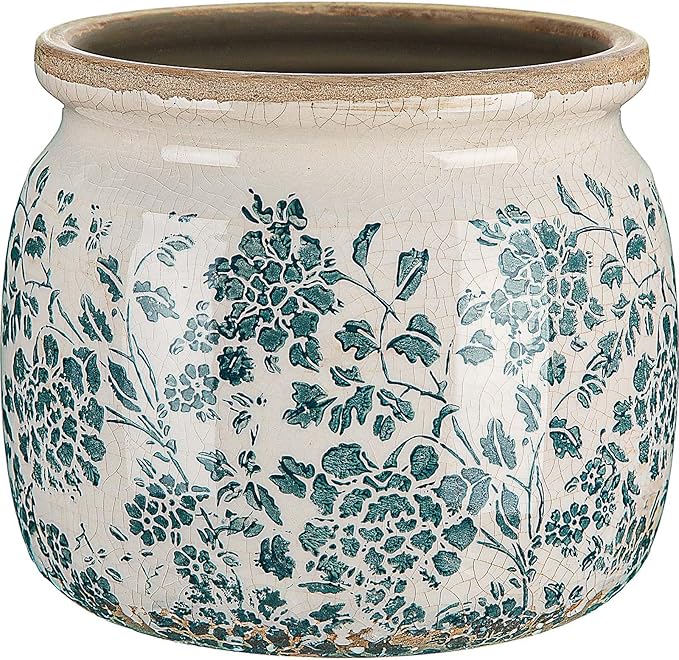 7.7" Large Ceramic Plant Pot Beige Green Vintage Peony Crackle Glaze Rustic Flowers Pot Decorative Planter with Drainage for Indoor Outdoor Plants Home Kitchen Office Decor Gift