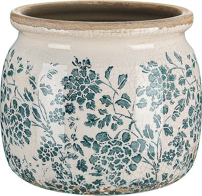 7.7" Large Ceramic Plant Pot Beige Green Vintage Peony Crackle Glaze Rustic Flowers Pot Decorative Planter with Drainage for Indoor Outdoor Plants Home Kitchen Office Decor Gift
