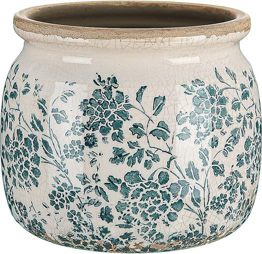 7.7" Large Ceramic Plant Pot Beige Green Vintage Peony Crackle Glaze Rustic Flowers Pot Decorative Planter with Drainage for Indoor Outdoor Plants Home Kitchen Office Decor Gift