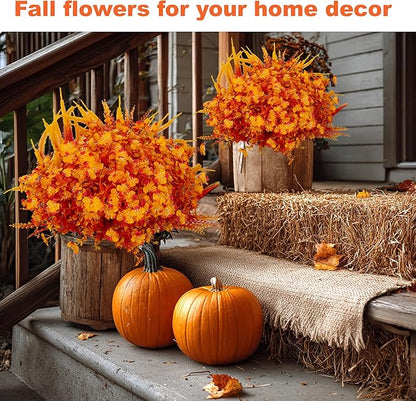 Artificial Fall Flowers for Outdoors Fake Mums - 16 Bundles Faux Fall Decor Plants No Fade Shrubs (16, OrangeYellow)