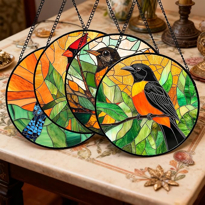 Stained Glass Window Hanging 4 Pcs Set Birds 9.8" - Cardinal Blue Jay Suncatcher Door Garden Sun Catcher Decor Birthday Christmas for Bird Lovers Mom Woman Nana Men