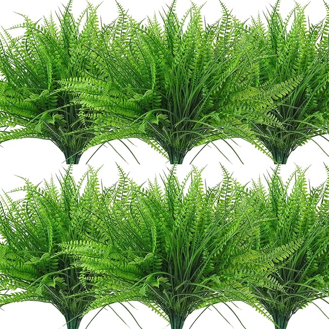 12 Bundles Artificial Plants Boston Fern Wheat Grass Shrubs Outdoor Faux Plants Faux Fern Stems UV Resistant Artificial Outdoor Plants Greenery for Home Gardens Patio Yards Decor