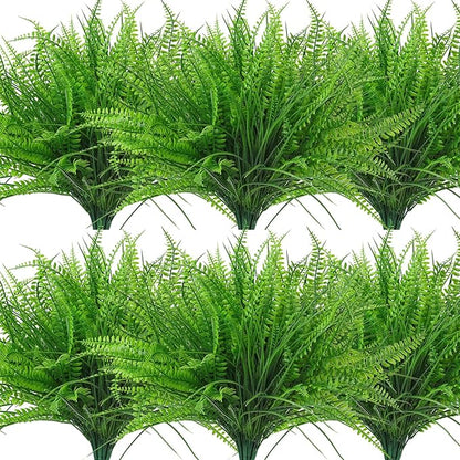 12 Bundles Artificial Plants Boston Fern Wheat Grass Shrubs Outdoor Faux Plants Faux Fern Stems UV Resistant Artificial Outdoor Plants Greenery for Home Gardens Patio Yards Decor