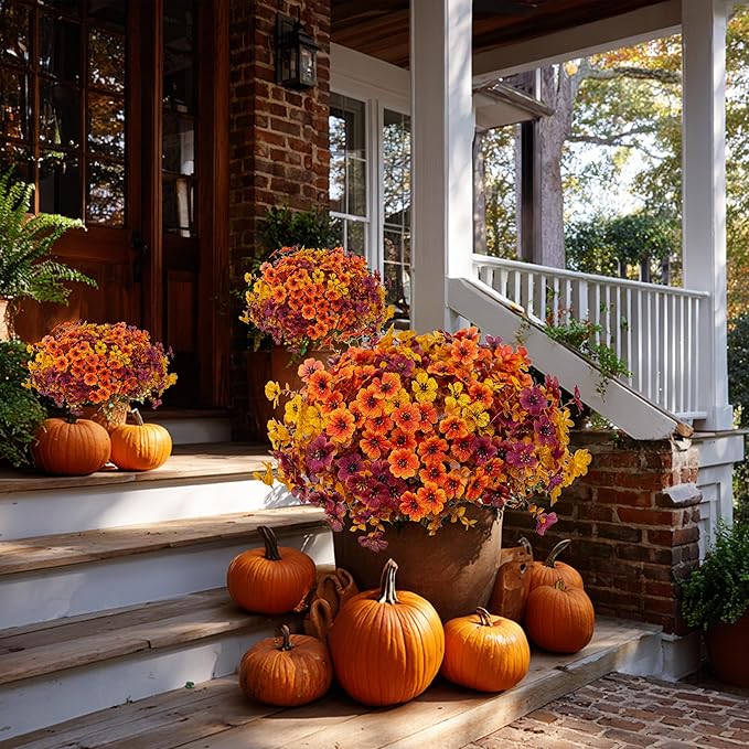 Artificial Fall Flowers for Outdoor Fake Mums - 16 Bundles Fake Plants UV Resistant No Fade Faux Plastic Greenery Garden Porch Patio Home Decor(16, BrownOrangeYellow)
