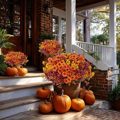 Artificial Fall Flowers for Outdoor Fake Mums - 16 Bundles Fake Plants UV Resistant No Fade Faux Plastic Greenery Garden Porch Patio Home Decor(16, BrownOrangeYellow)