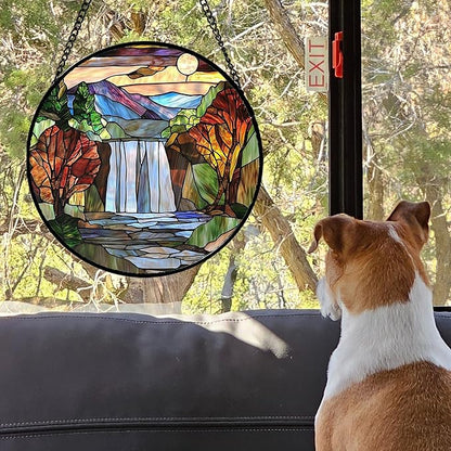 Stained Glass Window Hanging, Abstract Landscape Waterfall Mountains Trees Suncatcher for Doors Window Home Sun Catchers Decor Mother's Day Birthday Gifts for Women Men Mom 6.3 in