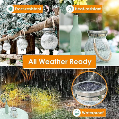 Cooo Christmas Gifts 2 Pack Solar Lanterns Waterproof Outdoor Heavy Crackle Glass 30 LED Warm Firefly Lights Stainless Steel Lid 215% Solar for Women Mom Grandma Outdoor Table Lamps Garden Yard Decor