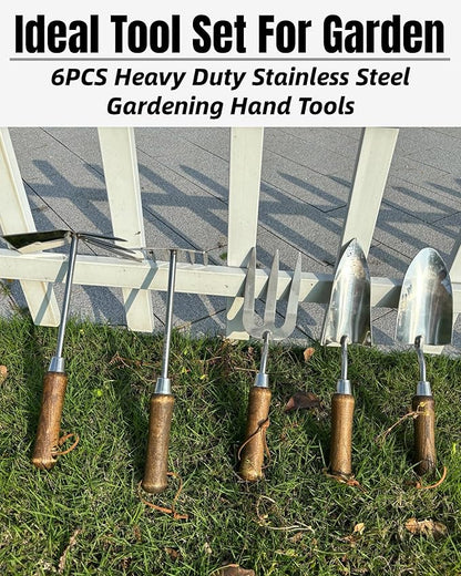 Garden Tool Set, 6PCS Heavy Duty Stainless Steel Gardening Hand Tools with Ropes, Includes Hand Cultivator Shovel Trowel Transplanter 2-in-1 Hoe Pruner Ideal Gardening Gifts for Women Men (Gift Box)