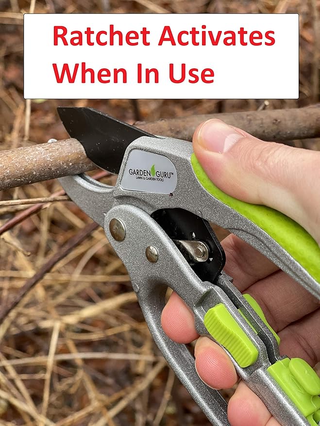 Garden Guru Ratchet Pruning Shears - Professional Garden Clippers with Ergonomic Grip and Brush - Makes Tough Cuts Easy (4 Pack)