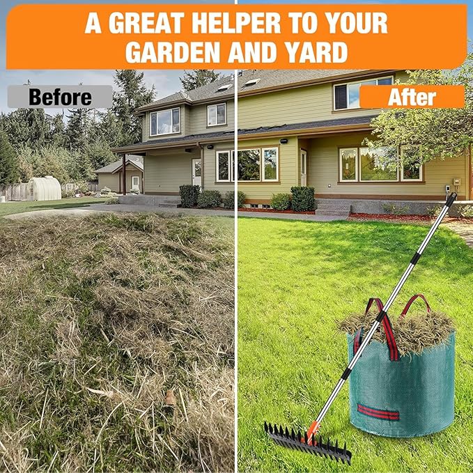 Thatch Rake for Lawns - 15” Wide Dethatcher Rake with Upgraded Dual-Action Tines & 57” Adjustable Handle, Heavy Duty Steel Garden Rake Includes Reusable Waste Bag and Gloves