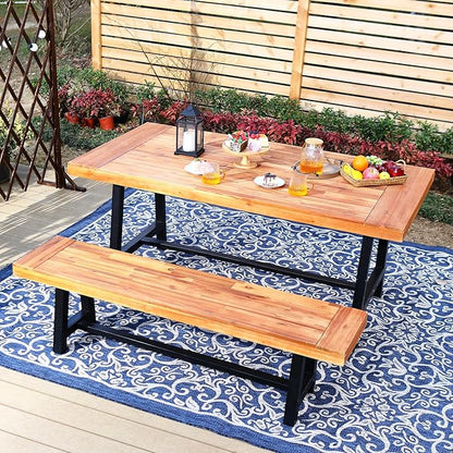 Sophia & William Acacia Wood Patio Dining Set with 1 Table and 2 Benches for 6, Oil Finished Tabletop and Spray Painted Legs, 3 Pieces Patio Dining Furniture for Porch Backyard, Teak and Black