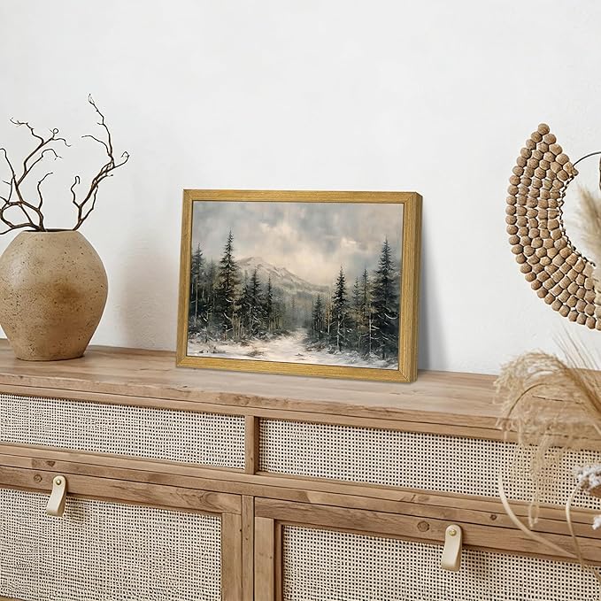 Framed Vintage Wall Art, Forest Landscape Canvas Wall Decor, Winter Pine Tree Poster Print Picture, Christmas Decor Painting for Living Room Bathroom Kitchen Home Decor 16x12 Inch