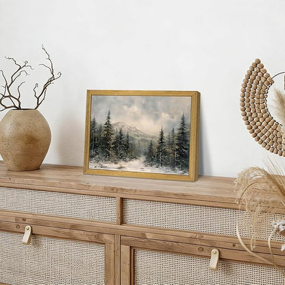 Framed Vintage Wall Art, Forest Landscape Canvas Wall Decor, Winter Pine Tree Poster Print Picture, Christmas Decor Painting for Living Room Bathroom Kitchen Home Decor 16x12 Inch