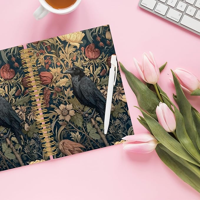 XPH William Morris Crow Spiral Notebook, Dark Cottagecore Journaling Notebooks for Note Taking, Vintage Floral Raven Hardcover Journal for Writing 160 Pages 5.5 x 8.3 Inch, Crow Gifts for Women