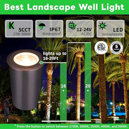 Low Voltage Well Lights - 5 Colors Temp IP67 Outdoor In-Ground Lights, 2700K/3000K/3500K/4000K/5000K 12V LED Landscape Lighting, ORB Aluminum for Pathway Wall Tree 9W 700LM